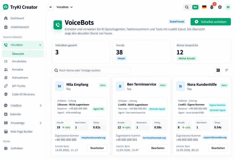 Übersicht der VoiceBots in TryKI