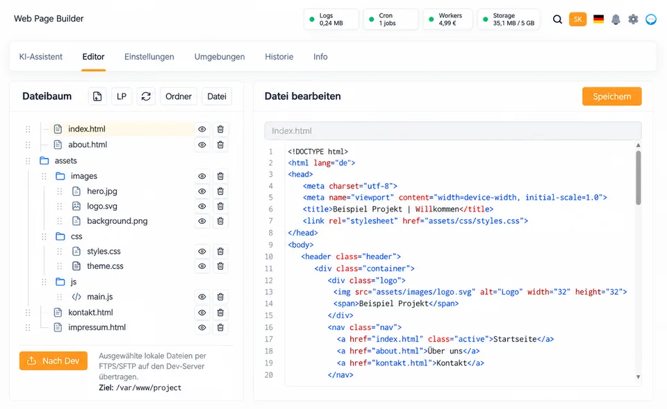 Dateibaum und Code-Editor im TryKI Web Page Builder