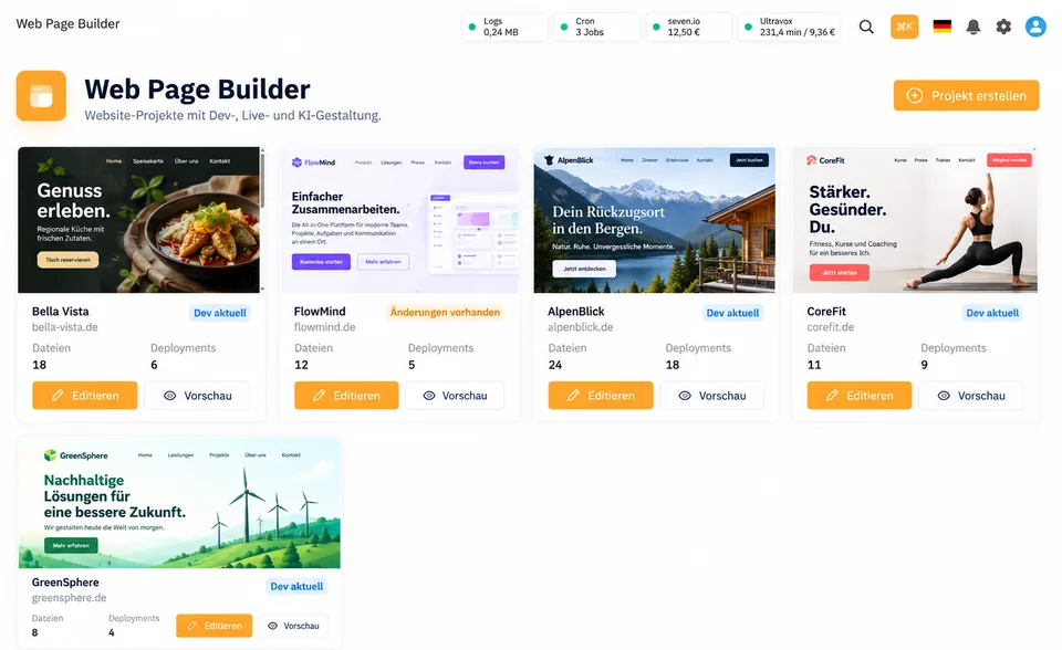 Projektübersicht im TryKI Web Page Builder