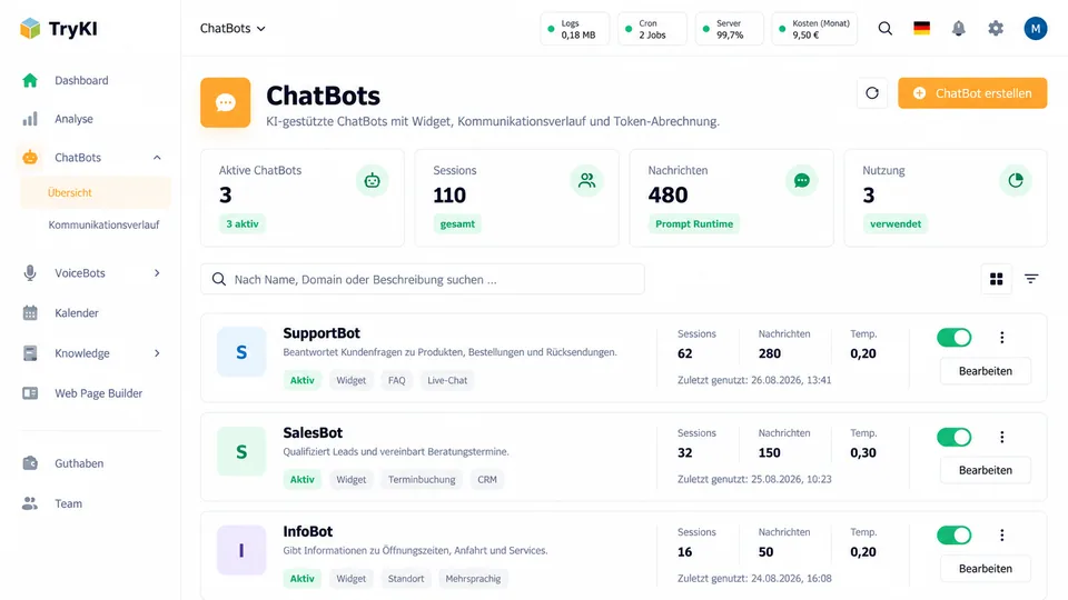 Beispiel einer ChatBot-Übersicht mit Sessions und Nachrichten