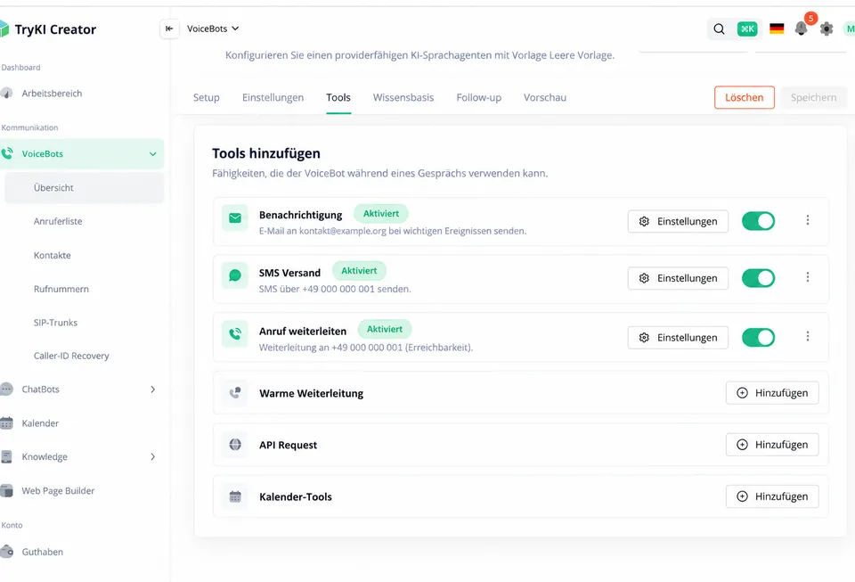 VoiceBot-Tools für Benachrichtigung, SMS und Anrufweiterleitung